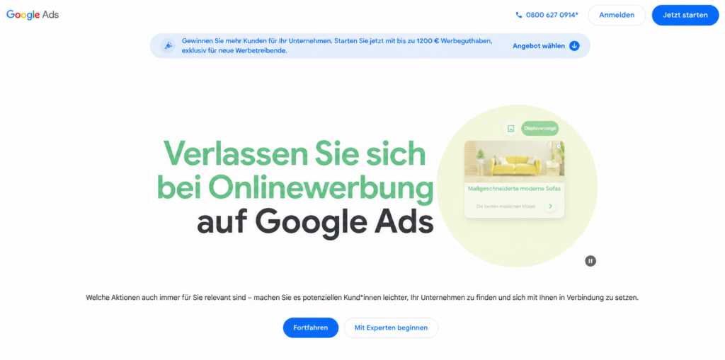 Google Ads Startseite mit Button „Jetzt starten“