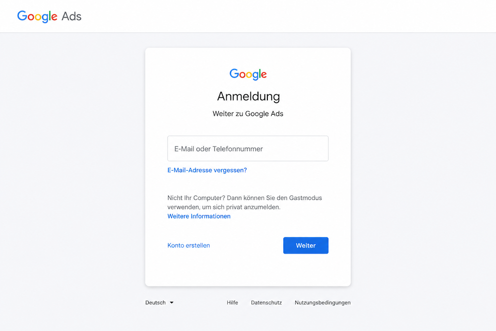 Anmeldung mit Google-Konto für Google Ads