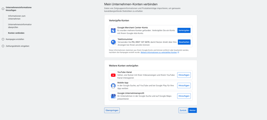 Kampagneneinstellungen in Google Ads überspringen