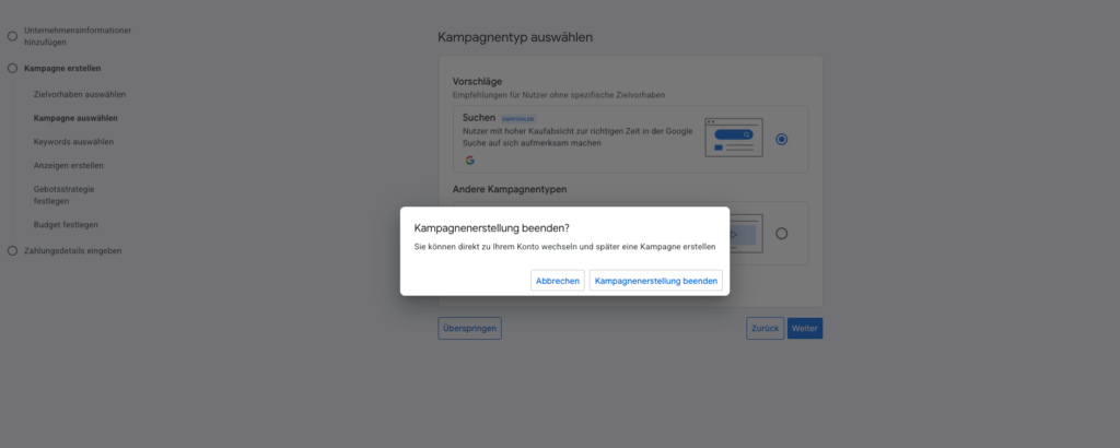 Pop-up zum Beenden der Kampagnenerstellung in Google Ads