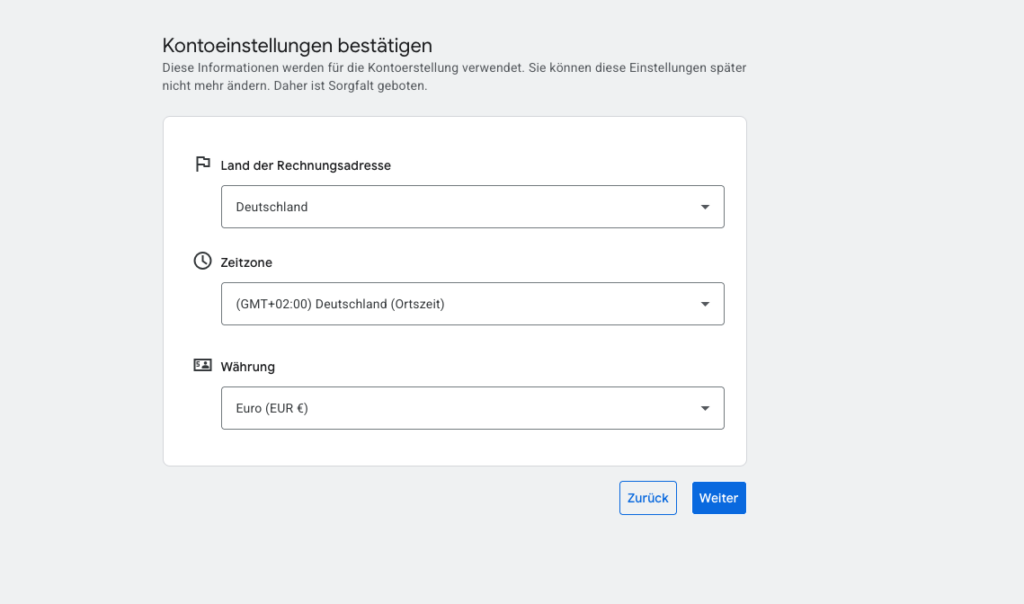 Auswahl von Land, Zeitzone und Währung bei der Kontoerstellung