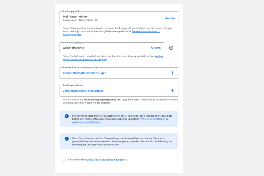 Konto- und Zahlungsprofil in Google Ads einrichten