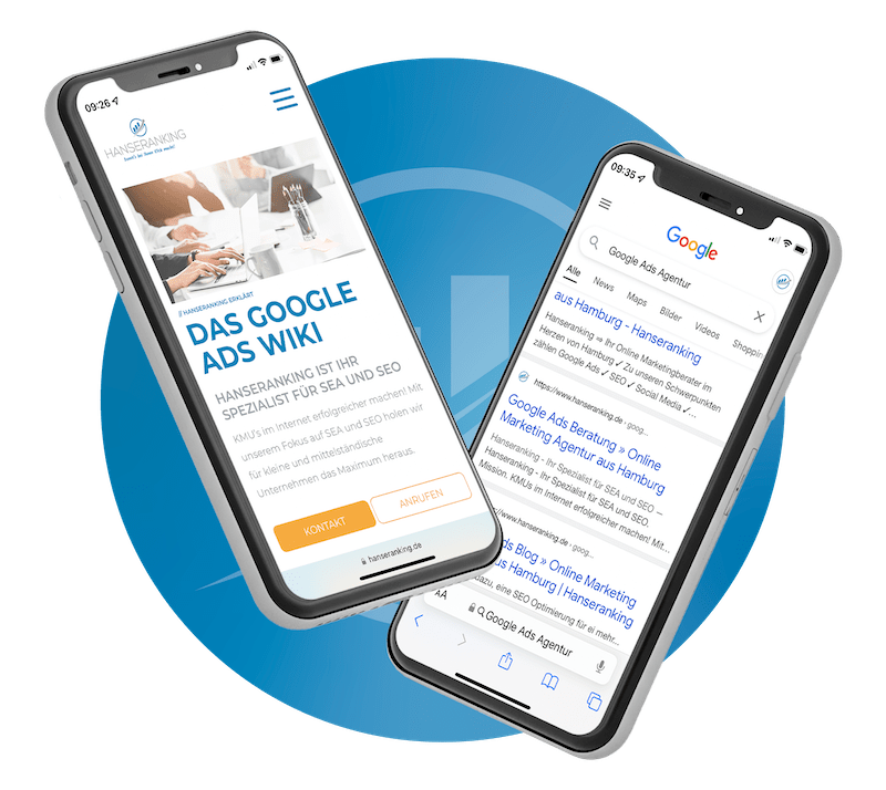 2 Handys mit dem Hanseranking Logo im Hintergrund