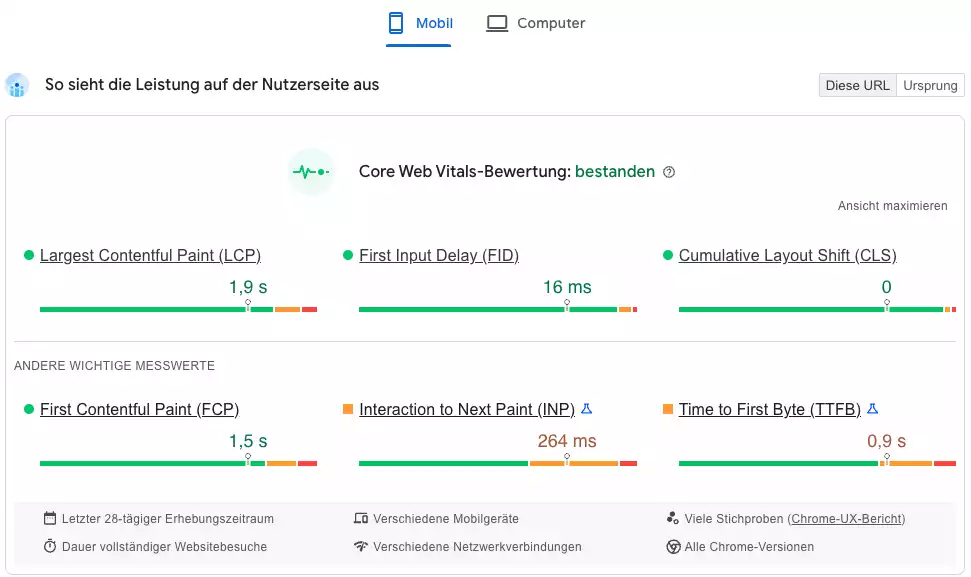 Nutzerdaten zu den Core Web Vitals in PageSpeed Insights