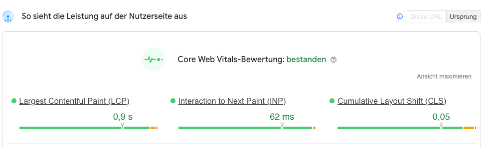Google PageSpeed Insights: Core-Web-Vitals-Auswertung mit LCP, INP und CLS