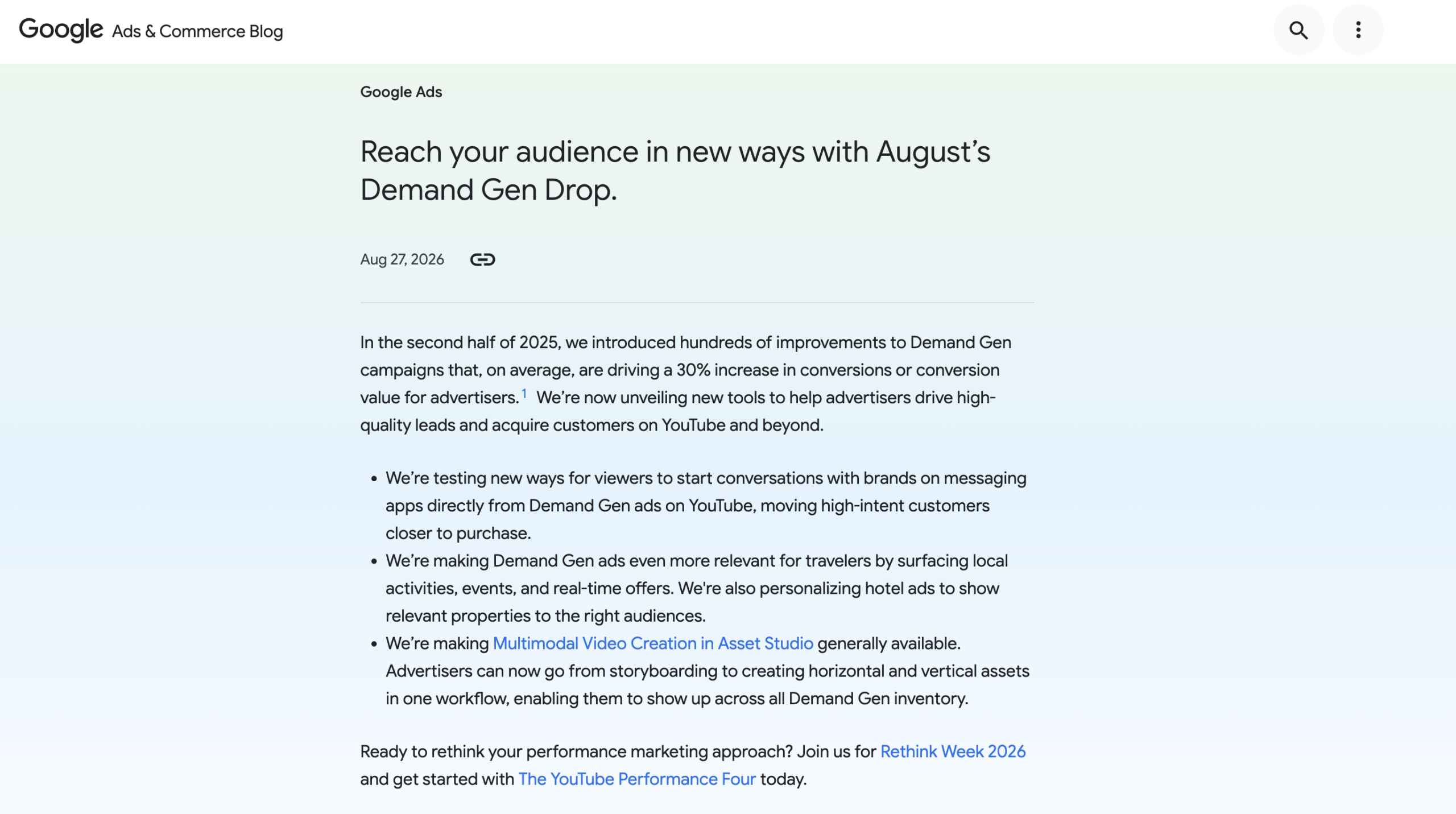 Messaging in Demand-Gen-Anzeigen auf YouTube: Nutzer:innen starten aus der Anzeige eine Unterhaltung mit dem Werbetreibenden