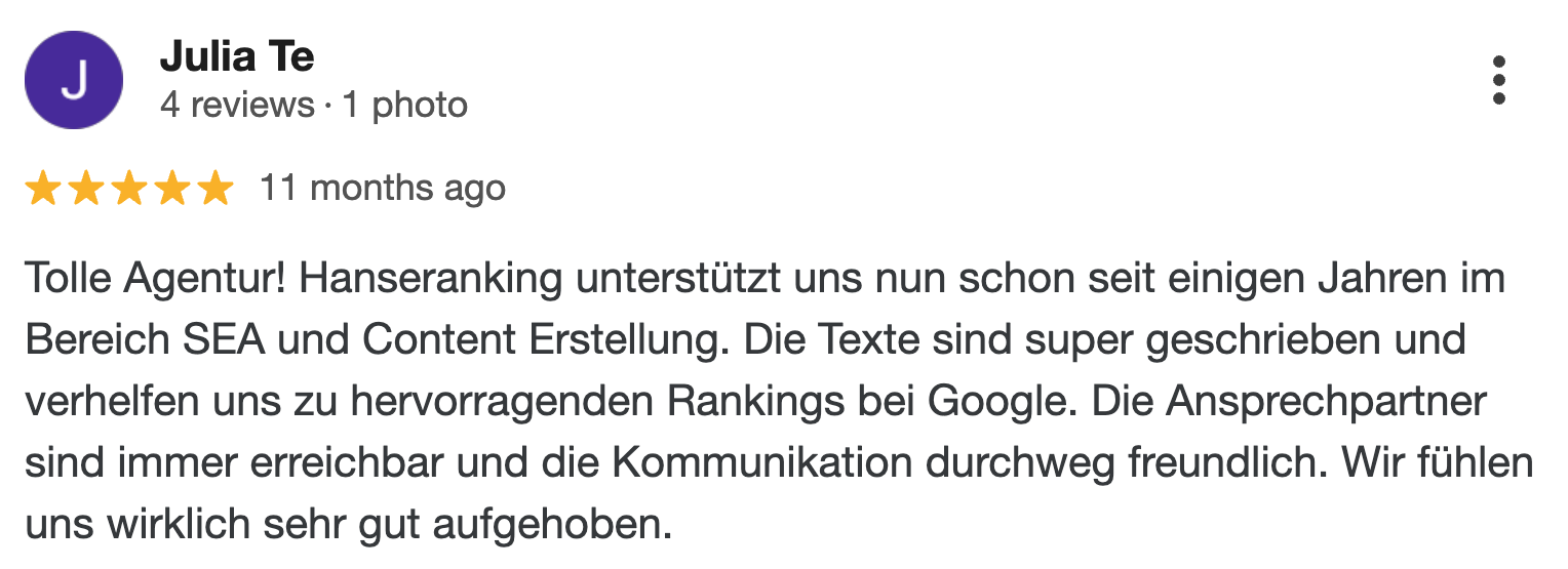 Bewertungen_Hanseranking-2 positive Bewertung von Julia
