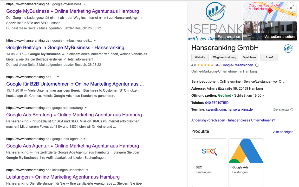 Suchergebnisseite mit Google My Business