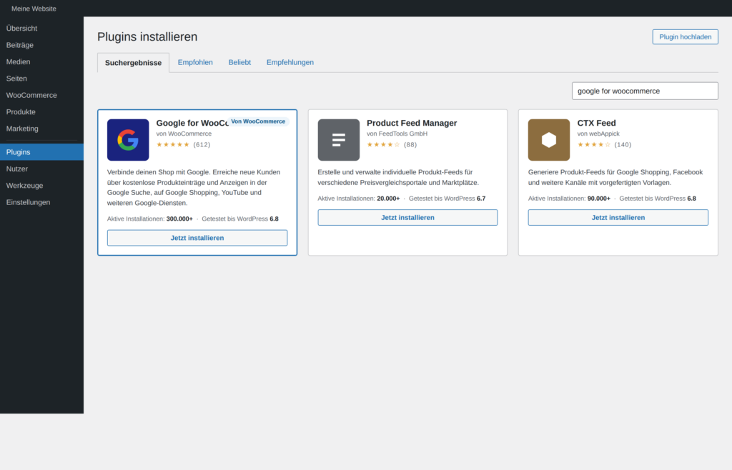 Plugin-Übersicht im WordPress-Backend mit Google for WooCommerce