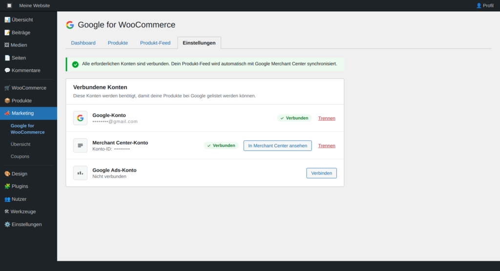 Verbindungsansicht von Google for WooCommerce mit Google-Konto und Merchant Center, ohne sichtbare E-Mail-Adressen oder IDs.
