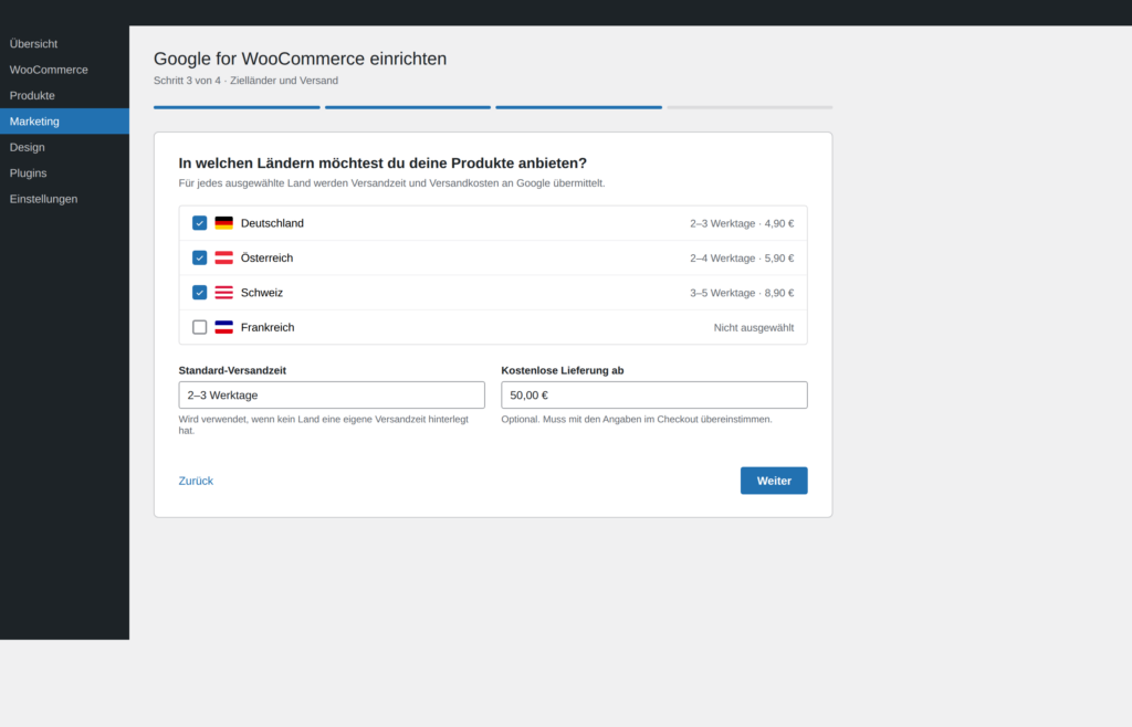 Länder- und Versandeinstellungen in Google for WooCommerce