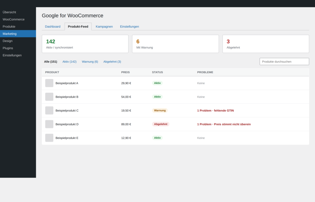 Produktfeed oder Produktprobleme in Google for WooCommerce, ohne Kundendaten
