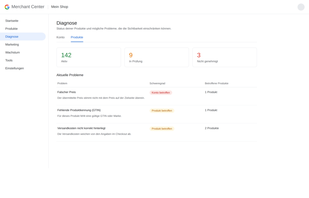 Produktstatus und Probleme im Merchant Center, ohne Merchant-ID, Kundennamen oder E-Mail-Adresse