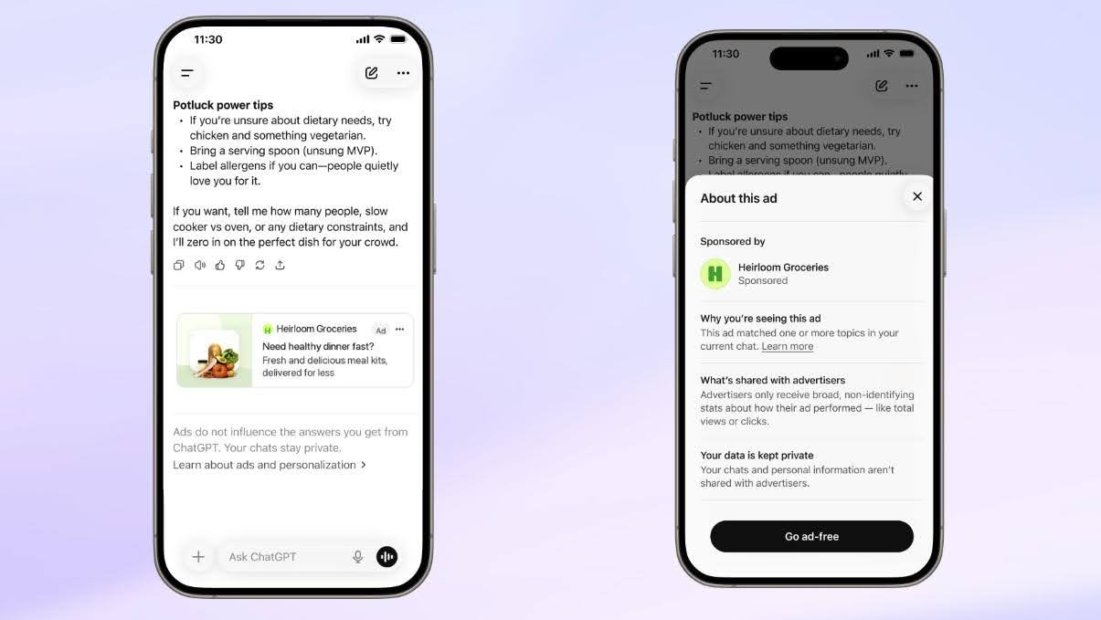 ChatGPT Ads Anzeigeninfo mit Transparenz- und Datenschutzhinweisen für Nutzer